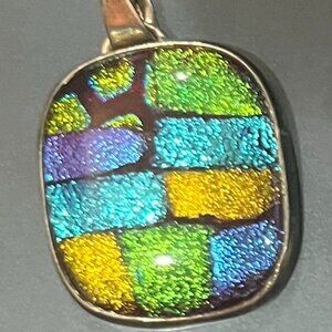 Multi-Color Glass Pendant Stamped 950 Mexico Sterling Silver (no chain)